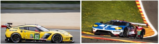 Two of the contenders in LMGTE-Pro. At left, the Chevrolet Corvette C.7R and the Ford GT.